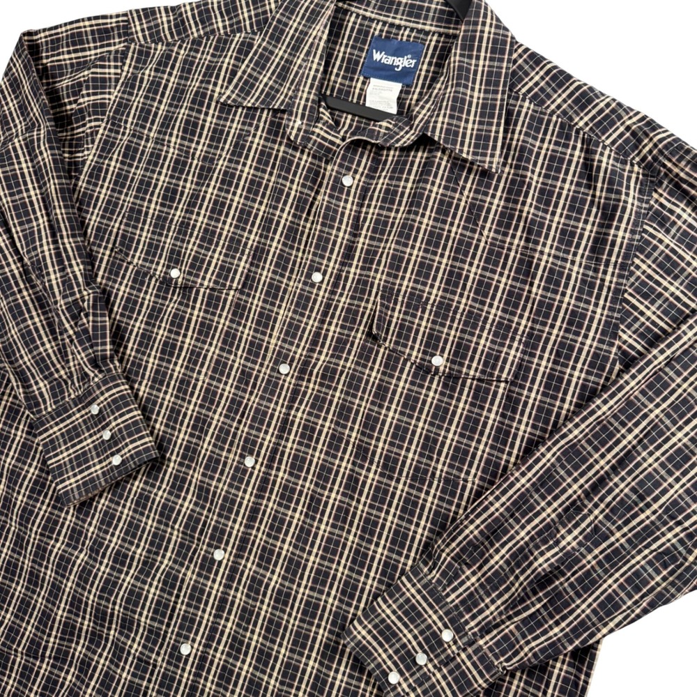 VTG Wrangler Western Snap Shirt Mens XXL Black Tan Plaid Pearl Snap Cowboy Work